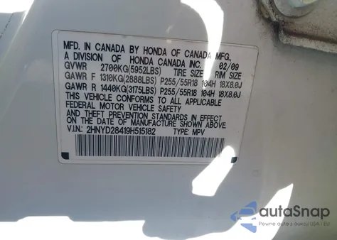 2009 Acura Mdx Technology Package from USA, damaged, VIN 2HNYD28419H515182